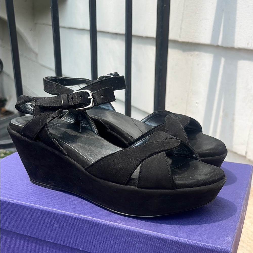 Stuart Weitzman Lockness Black Wedge Sandals